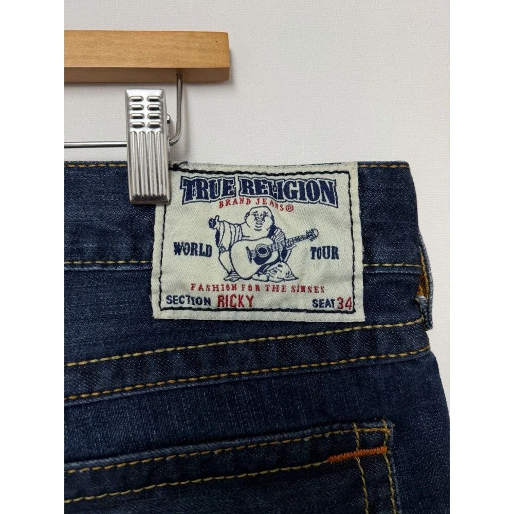 True Religion Ricky Jeans Mens 34x32 Blue Relaxed Straight Zip Fly Stretch Flap